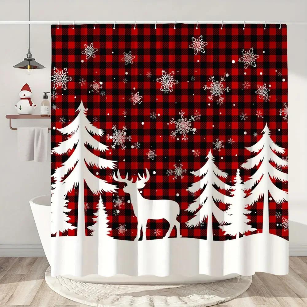 Happy Christmas Holiday Shower Curtain Christmas Tree Cedar Holiday Gift Polyester Home Shower Curtain Bathroom Decor with Hooks
