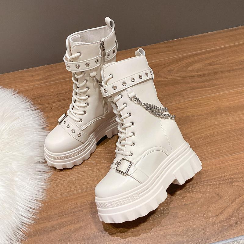 Autumn Thick Heel Ankle Boots Women 11.5CM Chunky Sneakers High Heels Winter Platform Leather Shoes Woman Metal Chain Punk Boots