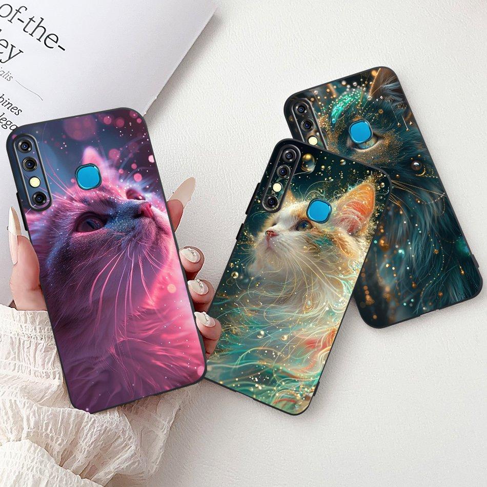 For Infinix Hot 8 Phone Case Hot 8 Lite Hot8 X650 X650C X650B X650D Elegant Floral Cat Pattern Black Silicone Soft TPU Cases