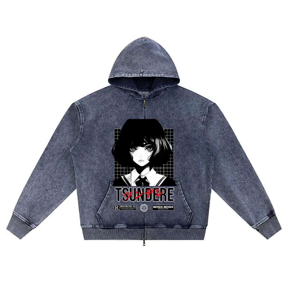 

DTG print Knitted Denim Zip-Up Hoodie Tsundere Anime Character Brother Print Zipper Hoodies XL темно-синий