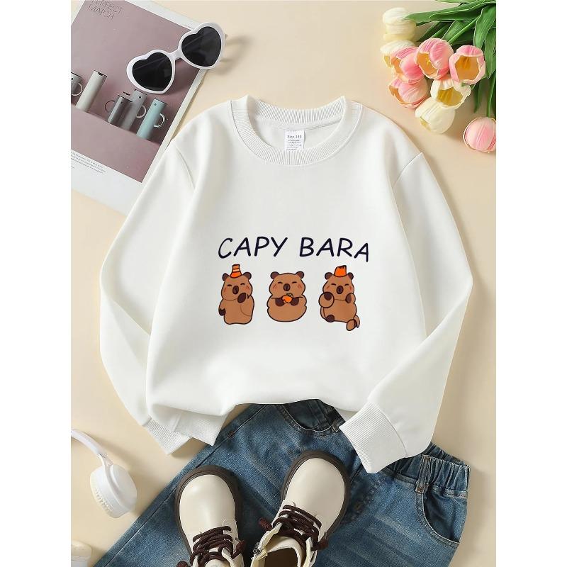 European sizes Kids' Crewneck Sweatshirt - Capybara with Cone Hat And Carrot , Sportswear And Casual Wear, Soft And Comfortable, Clothing, Teenagers