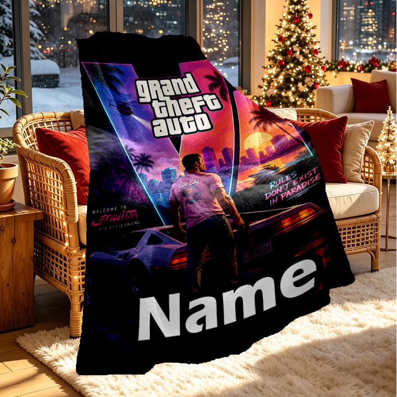 Custom Name Personalized Grand Theft Auto VI Print Blanket, Home Decor, Bedroom, Sofa, Camping, Couch, Gifts for Birthday Christmas
