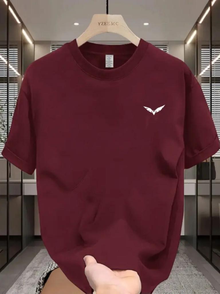 Men's Summer Short-sleeve Crew Neck Casual T-shirt with a Simple Wing Pattern Print, Suitable for Workouts, Featuring a Humorous Design