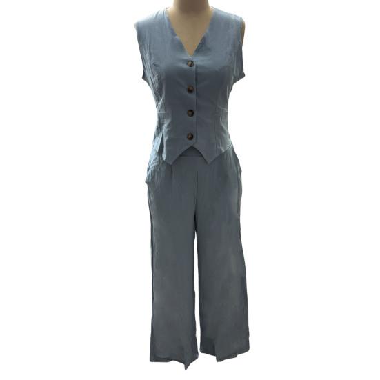 Linen Two-Piece Set Chic Vest Wide Leg Pants Office Lady Outfit Slim Fit Summer Suit for Work Party Vacation
