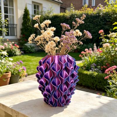 3D Printed Red Gold Flower Vase Sculptural Wave Geometric Textured Decorative Ripple Vase Modern Boho Home Decor for Coffee Table Shelf Entryway