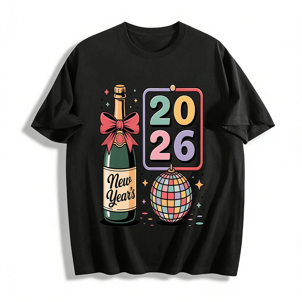 2026 New Year Party Themed Top Champagne Disco Element Festival Style Pure cotton T-shirt XXS