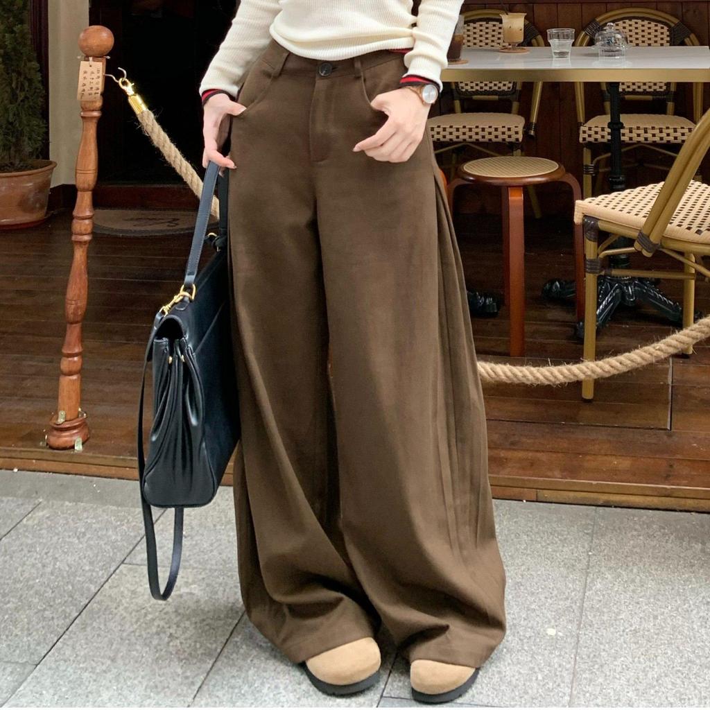 Autumn Chaka Wide-Leg Pleated Casual Pants - Slimming, Loose Fit, Solid Color