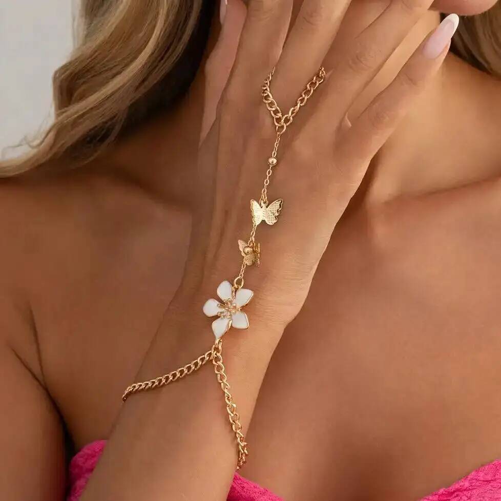 SHIXIN Exquisite Sweet Butterfly Tassel Flower Finger Bracelet Women Vintage Charm Drip Oil Floral Ring Bangle Jewelry Gift 2026