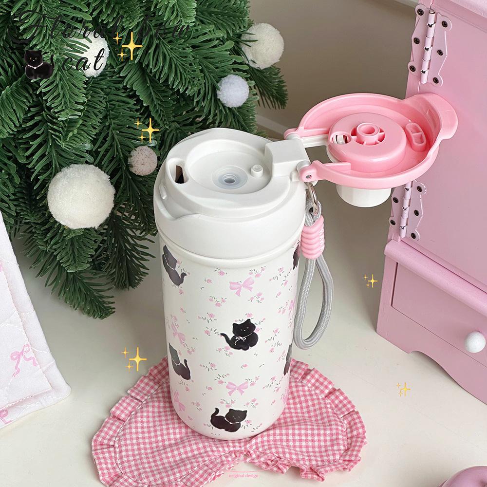 Cute Cat Bow Insulated Water Bottle With Straw Filter 500ml Stainless Steel Leak-Proof Thermos Kawaii Cat Bow Cups for Girl Kids