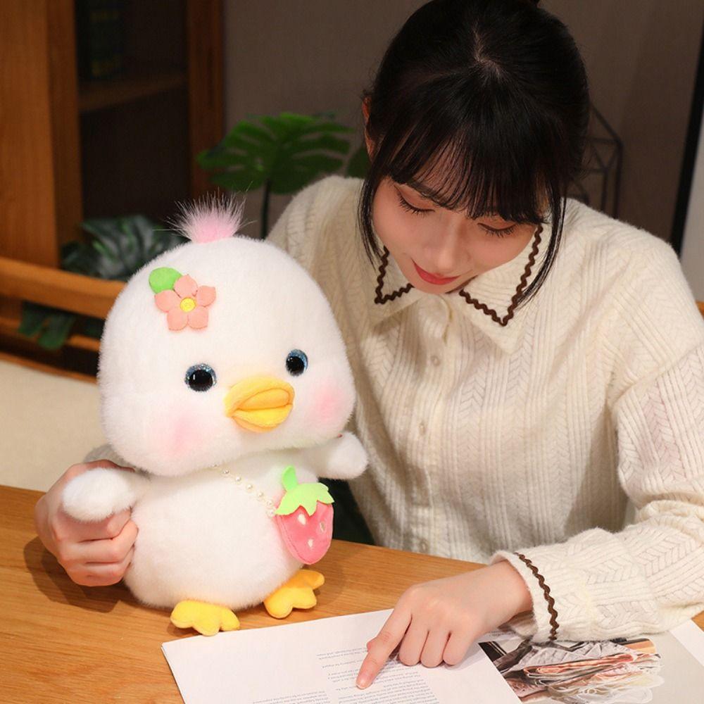 Strawberry Hanging Bag Pressing Music Duck Plush Toy Hairy Yellow Duck Plush Doll  Home Decor