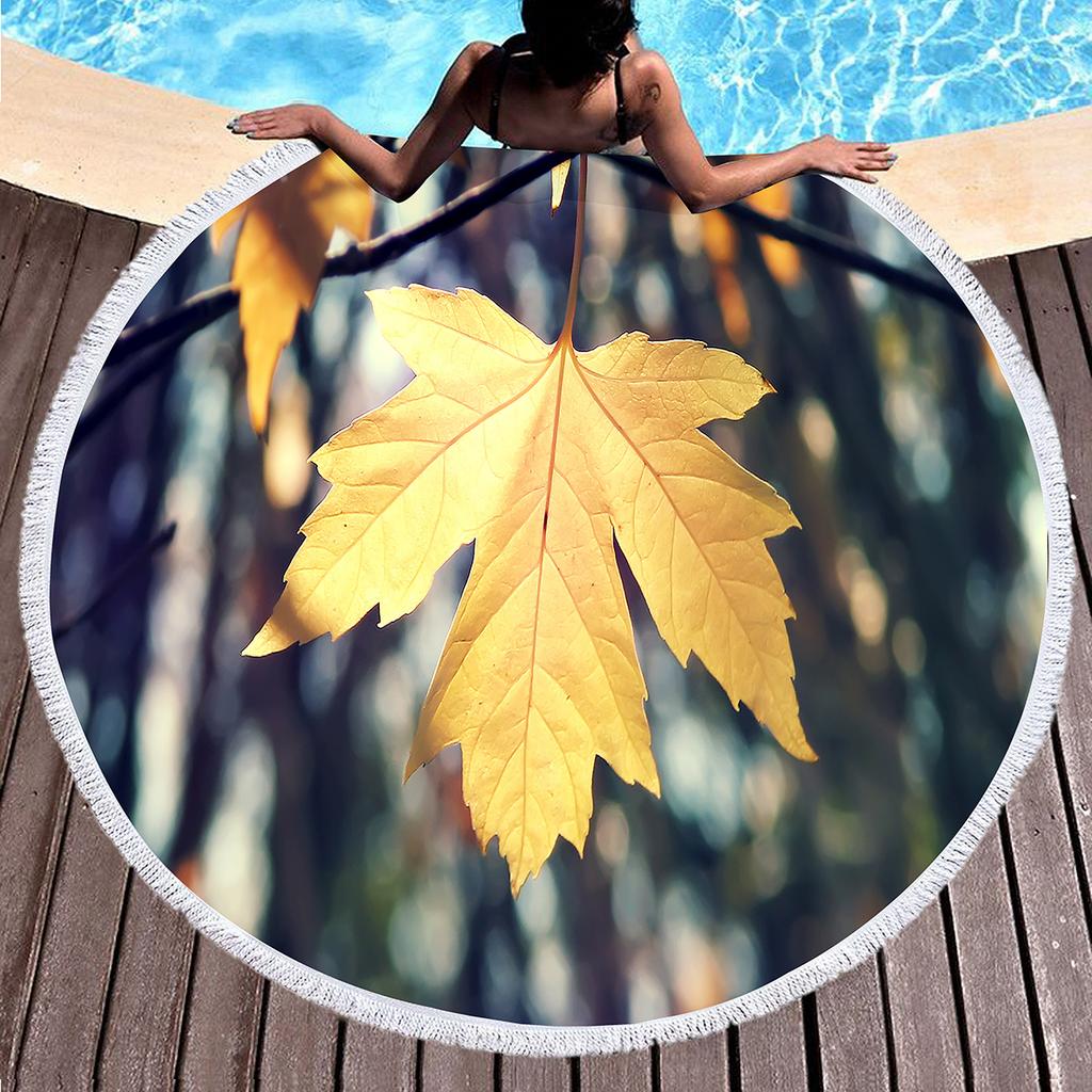 Green Yellow Leaves Print Round Beach Towel,Microfiber Circle Beach Towels Sand Free Quick Dry Picnic Yoga Mat Circle Tablecloth