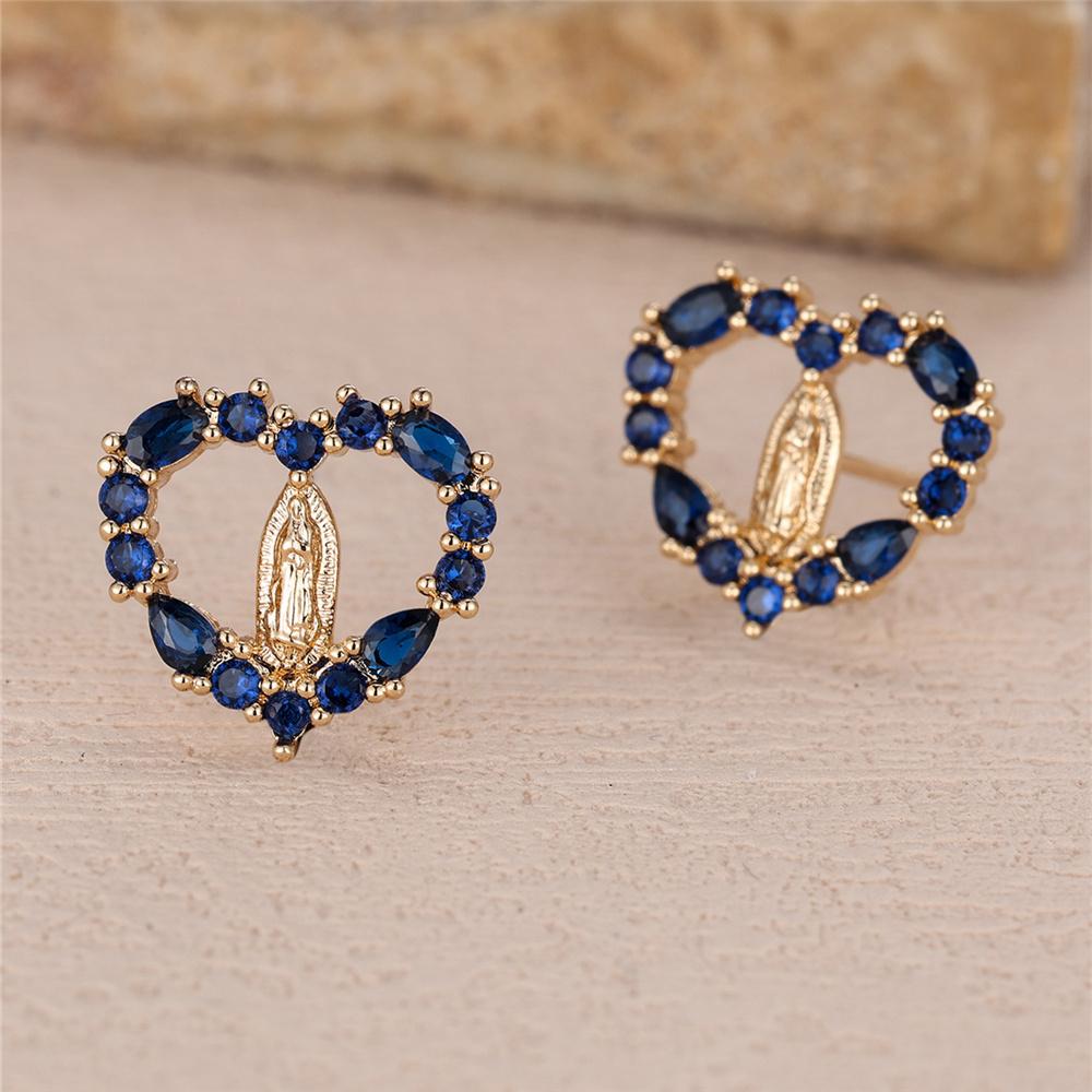 Cute Female Stone Pink Blue Zircon Love Heart Stud Earrings Gold Color Wedding Jewelry For Women