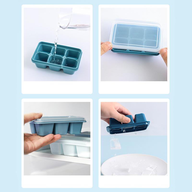 Ice Cube Tray with Lid Refrigerator Soft base Silicone Ice Mold Reusable 6 Grids Cube DIY Maker Kitchen Bar Tool Accessories