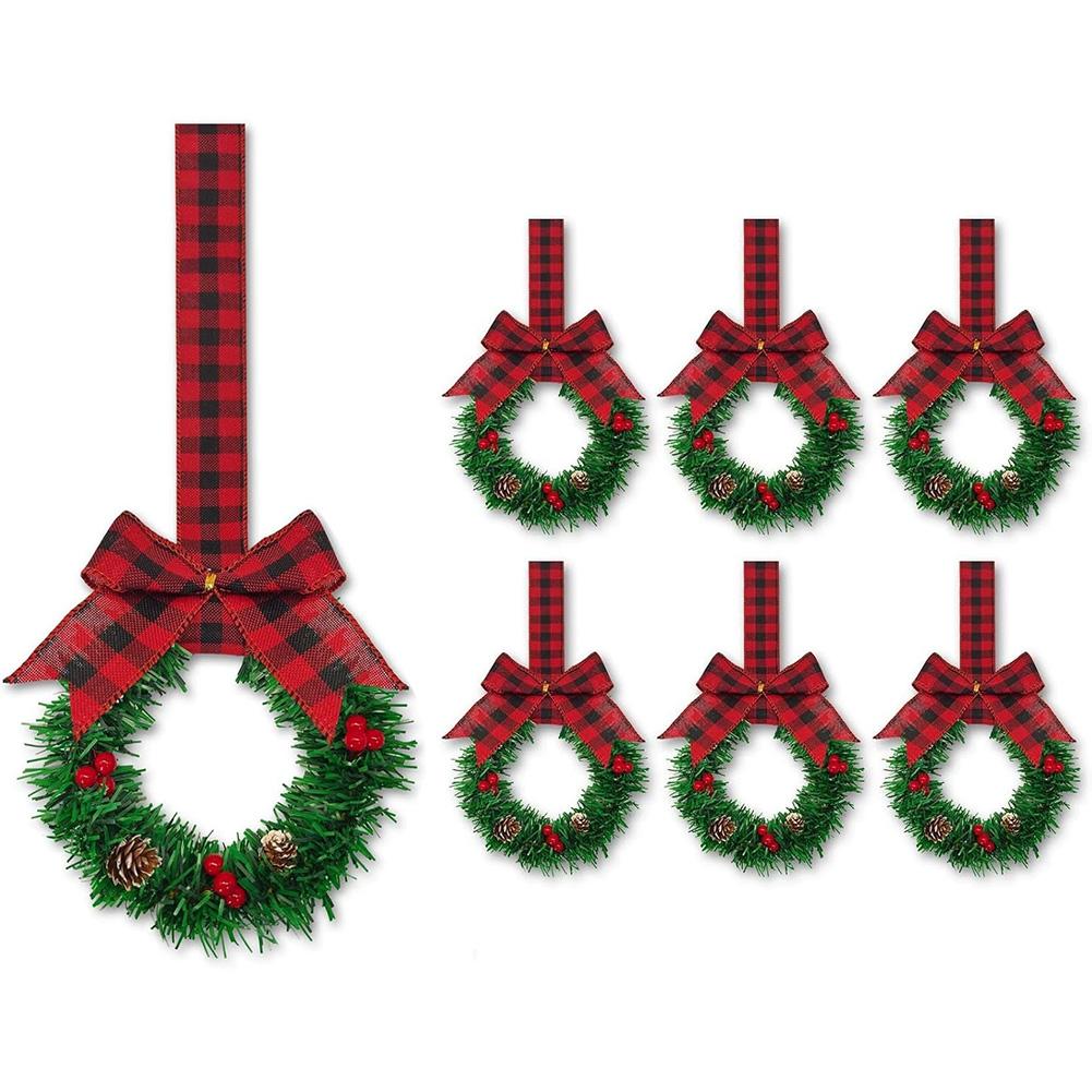 

6Pcs/Set Christmas Cabinet Wreath Window Hanging Decorations Ribbon Bows Red Fruits Christmas Party Home Decor Ornament