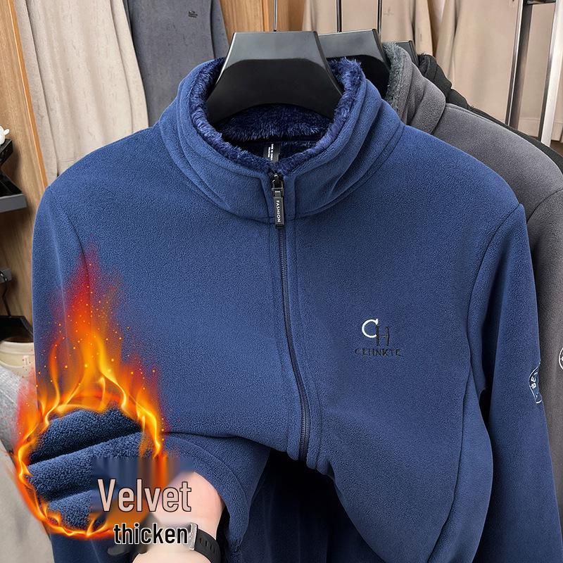 Men s Winter Fleece Cardigan Jacket with Stand Collar - Thick, Casual & Warm 4XL for 70-80kg синий