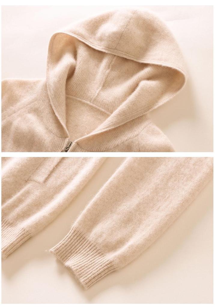 Autumn/Winter 2024 Women's Cashmere Knit Hooded Cardigan - Zipper, Solid Color, Loose Fit