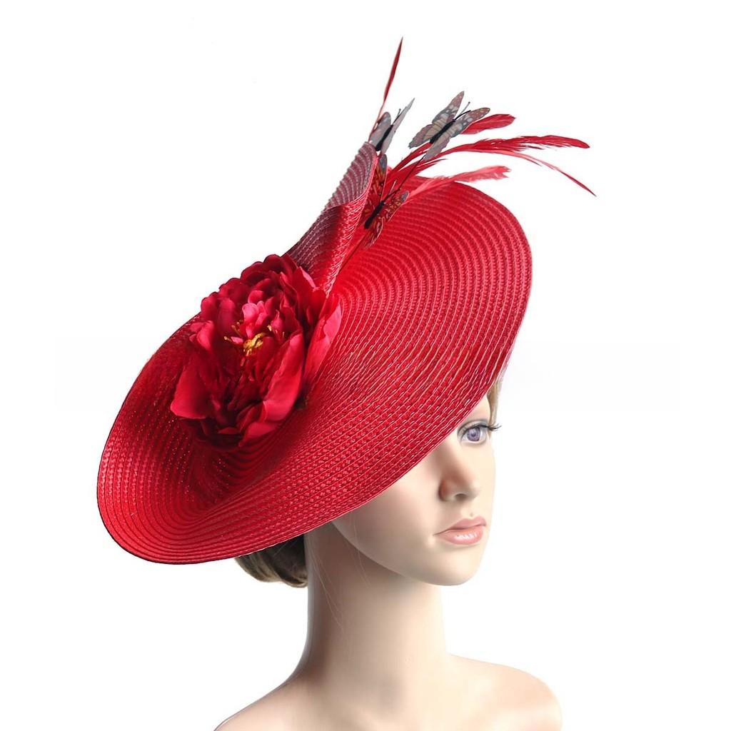 

Vintage British Peony Flower Hat With Wide Brim And Flat Top For Elegant Wedding Or Garden Party