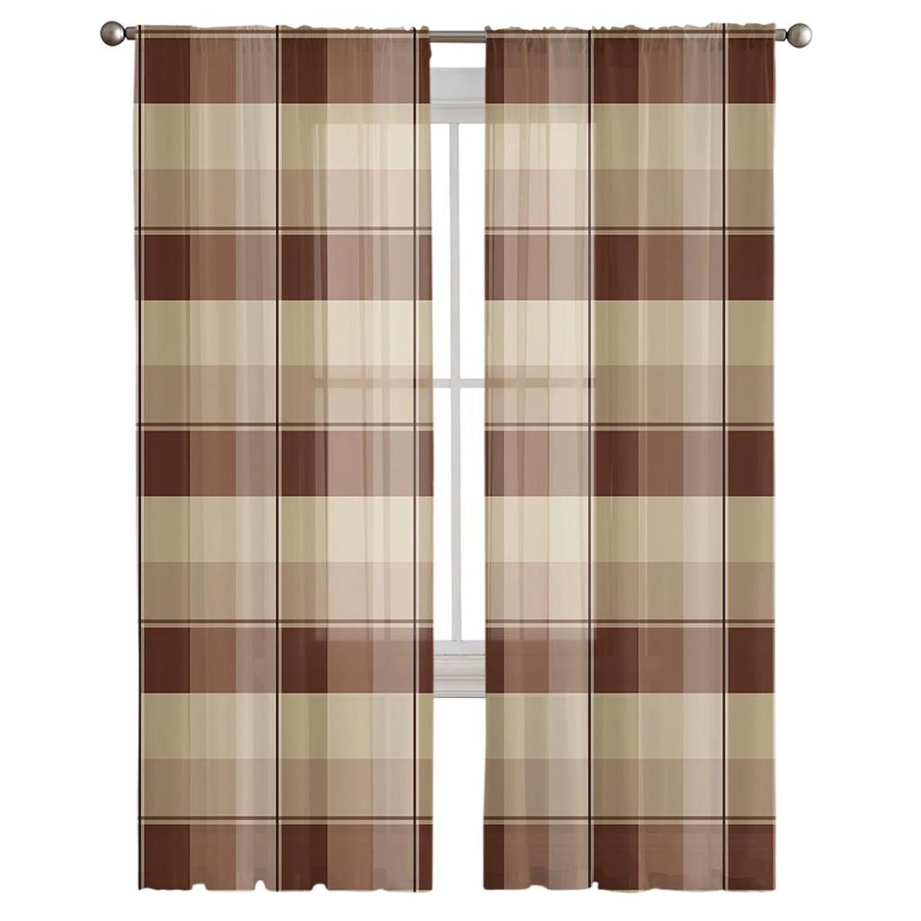 Brown Plaid Sheer Curtains For Living Room Bedroom Home Decor Kitchen Tulle For Windows Voile Drapes