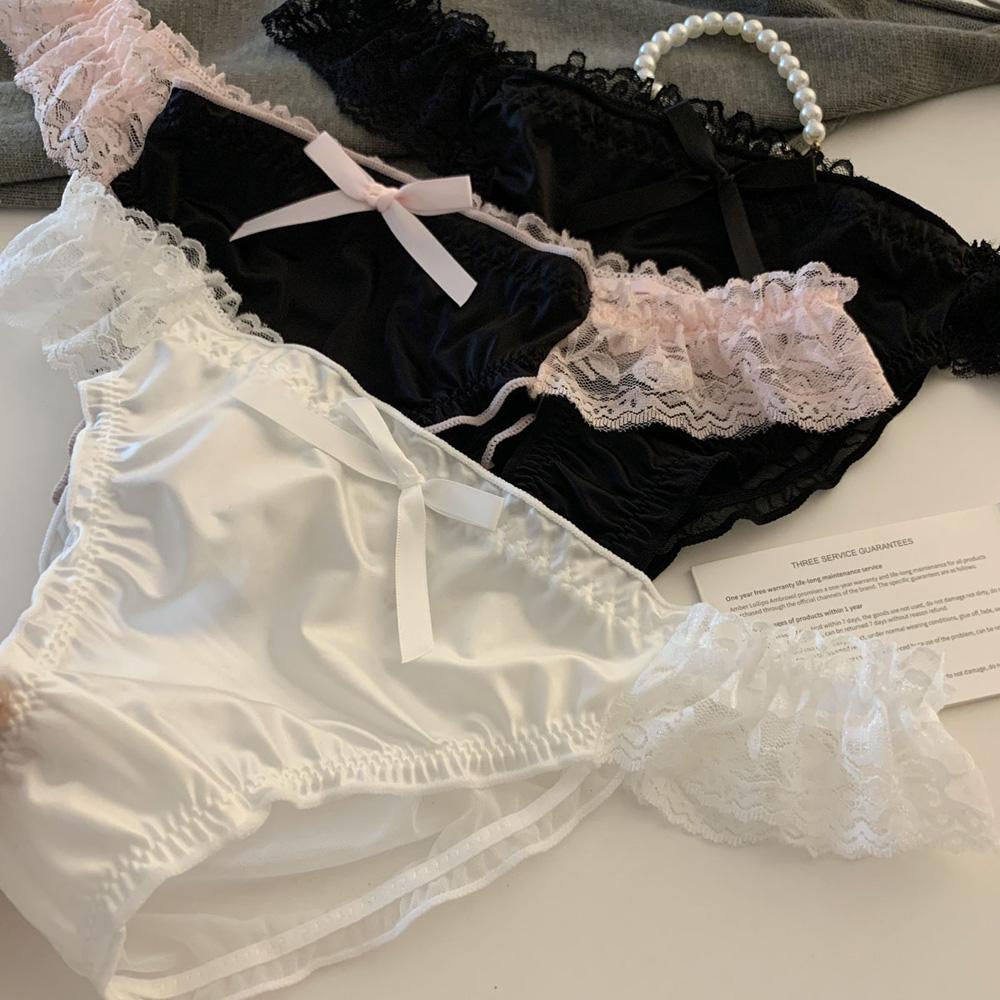 Slip da Donna a Vita Bassa in Raso con Bordi in Pizzo Arricciato a Contrasto Decorazione a Fiocco Schiena in Rete Trasparente Dolce Sexy Lingerie da Donna Slip