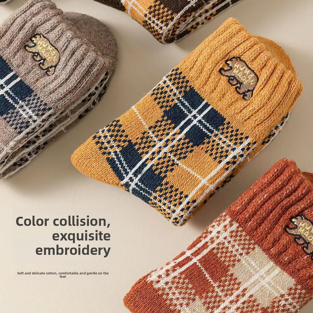 Męskie skarpetki wełniane do połowy łydki na jesień i zimę, pogrubione i polarowe ciepłe skarpetki wełniane z pętelką, wełniane skarpetki męskie w kratę i w blokach kolorystycznych