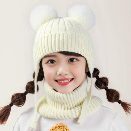 2Pcs/Set Children Winter Hat Scarf Set Plush Ball Decor Solid Color Plush Lining Knitting Hat Warm Neckerchief Set