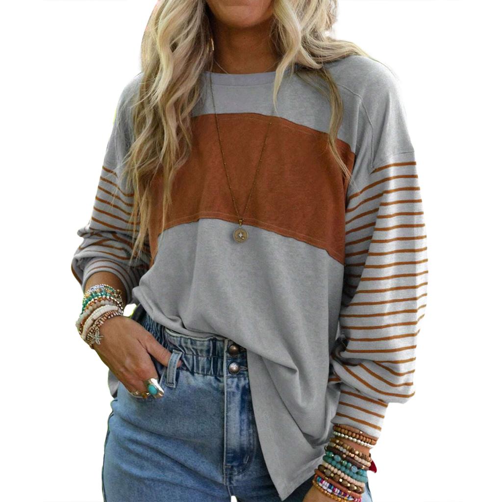 Women's Casual Loose Pullover Striped Contrast Color Long,sleeved T,shirt