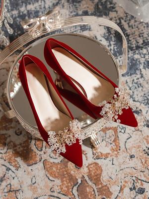 Red High Heels Women's 2024 New Xiuhe Wedding Dress Two Wear Not Tired Feet Thick Heel Bride Shoes Feeling Spring and Autumn