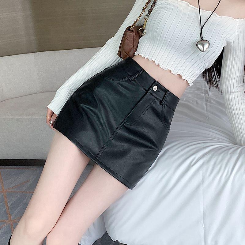 Plus Size Black PU A-line High Waist Skirt for Autumn/Winter