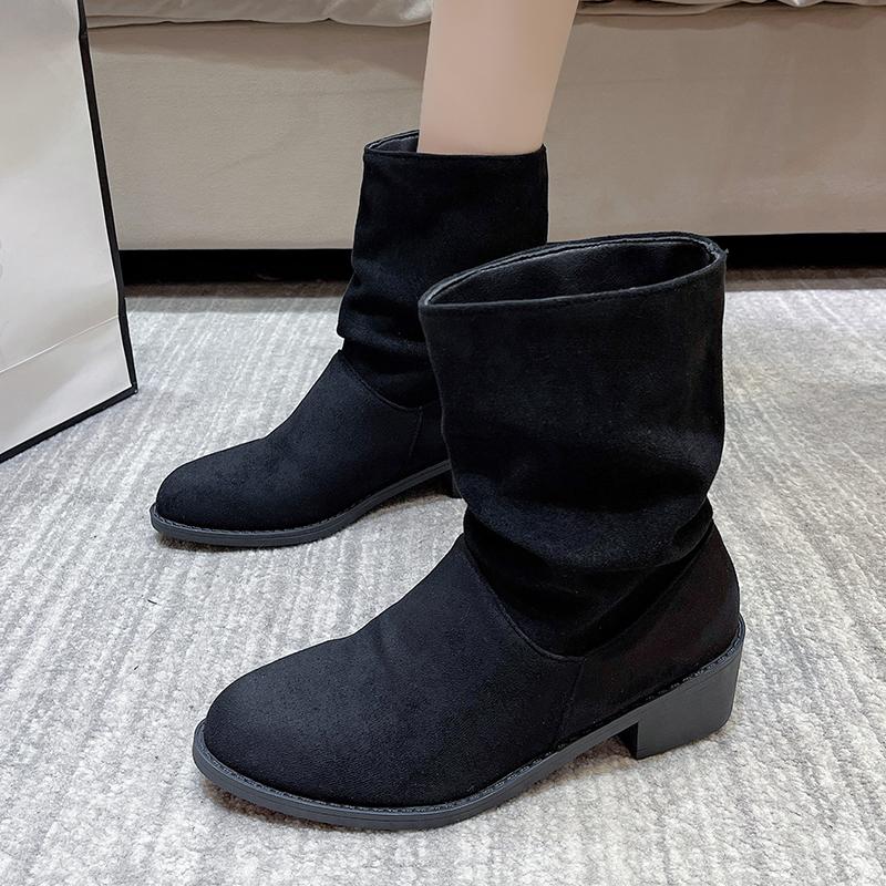 2024 Winter Women's New Western Boots Fashionable Thick Heel Slip-on Ankle Boots Women's Outdoor High Heel Mid-calf Boots