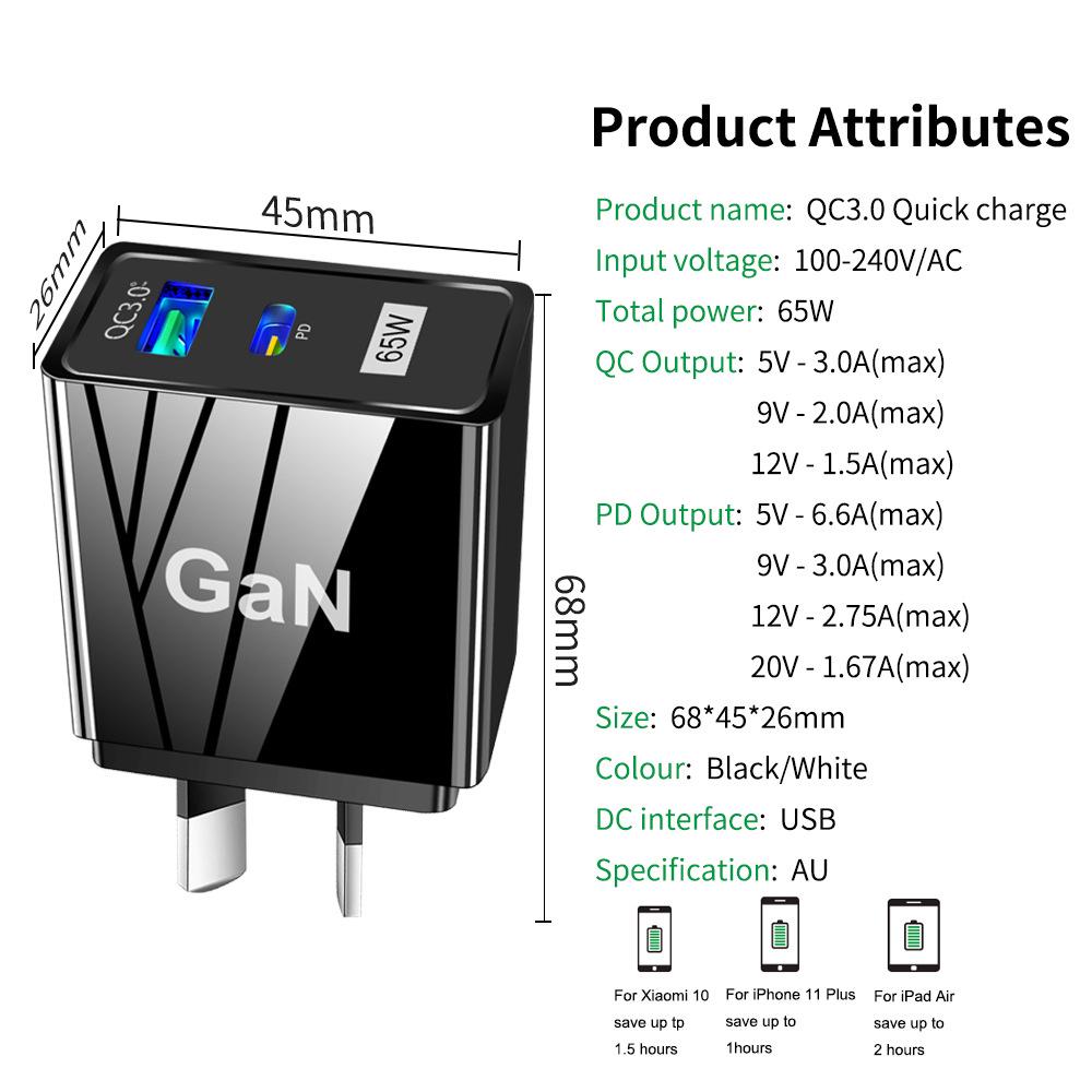 GaN 33W USB Fast Charger: QC 3.0 & PD, US/EU/UK Plug, Ideal for Mobile Phones