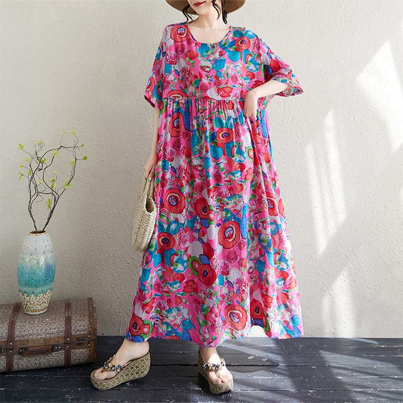 

Тонкое хлопково-льняное платье с круглым вырезом, короткими рукавами и длинной юбкой для женщин One size