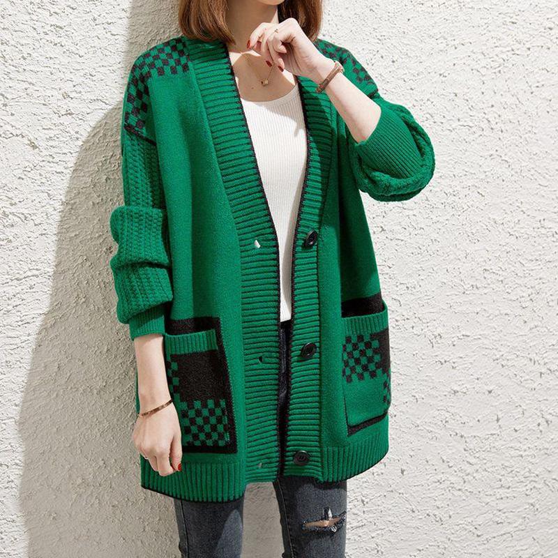 

Женский клетчатый пэчворк-свитер с карманами, V-образным вырезом, пуговицами, кардиганом, пальто с рукавами-фонариками, офисный свитер осень-зима F зелёный