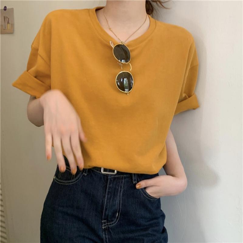 

Новая корейская версия простая футболка с короткими рукавами и принтом букв на спине для женщин свободная круглая горловина внутренняя нижняя часть рубашки верхняя часть 2XL