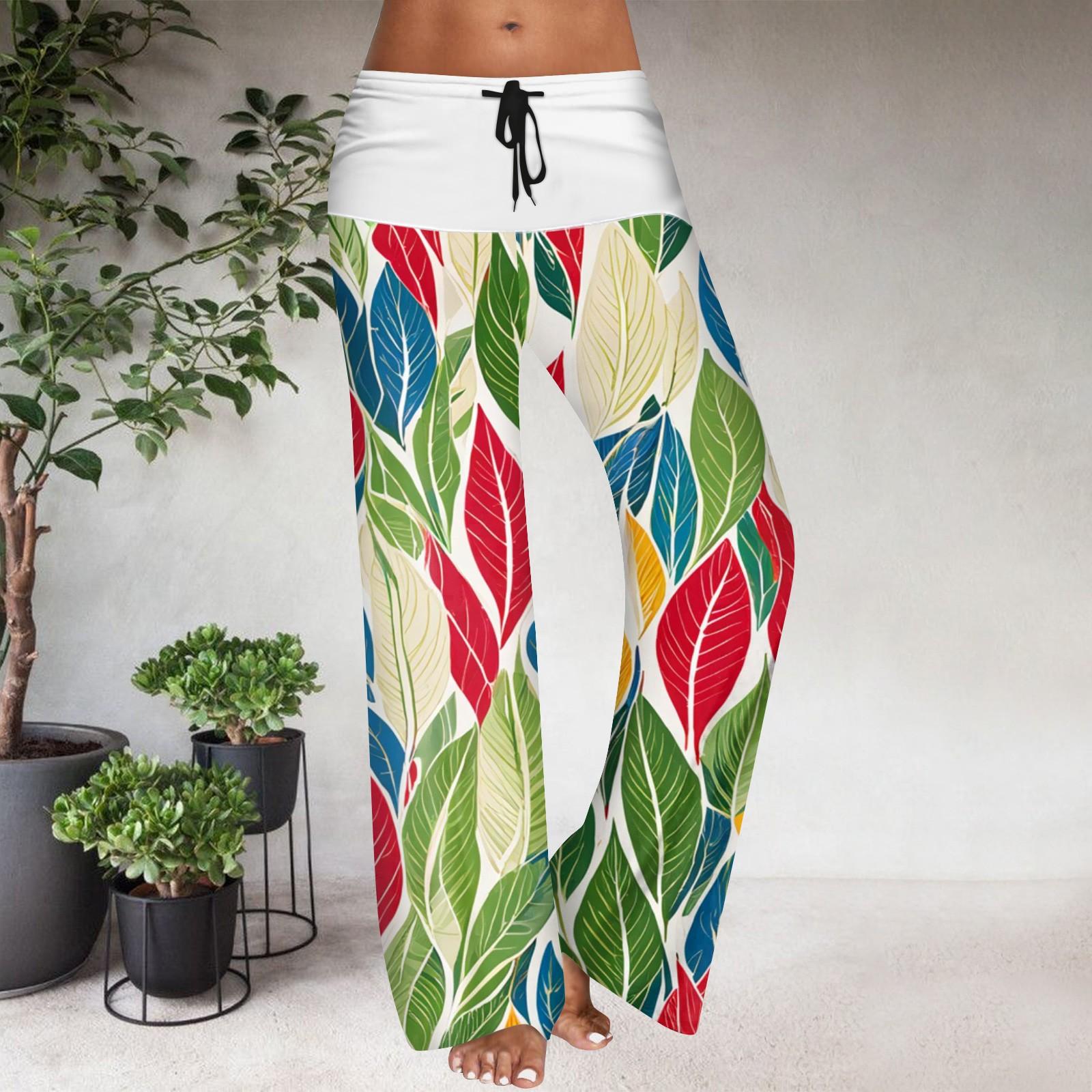 

Women s Drawstring Elastic Waistband Wide Leg Color Matching Floral Printed Casual Pants XXL зелений