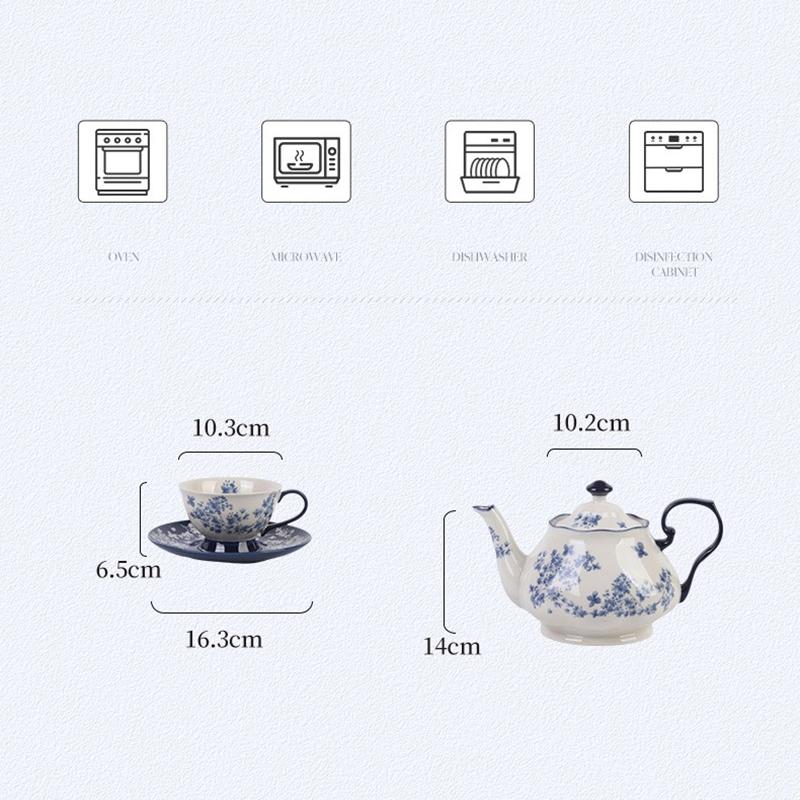 SOLECASA Ceramic Tea Set French Retro Afternoon Tea Cup & Saucer With Tea Pot Blue Porcelain Coffee Cup and Saucer Romantic Gift