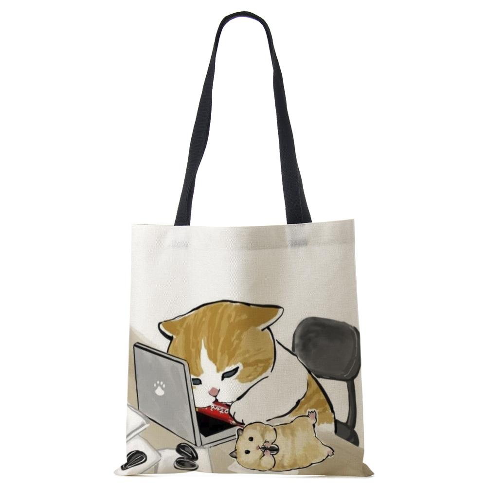 Cat Cartoon Canvas Shoulder Bag Women Print Harajuku Casual Shopping Tote Bag Reusable Large Capacity Folding Handbag CLE