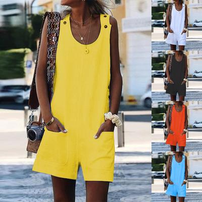 Ärmelloser Damen-Strampler mit Taschen Knopfleiste Verstellbarer Lässiger Sommer-Jumpsuit Kurzer Playsuit