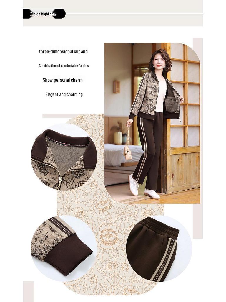 Conjunto de Roupa Esportiva da Moda Primavera e Outono para Mães de Meia-Idade e Idosas