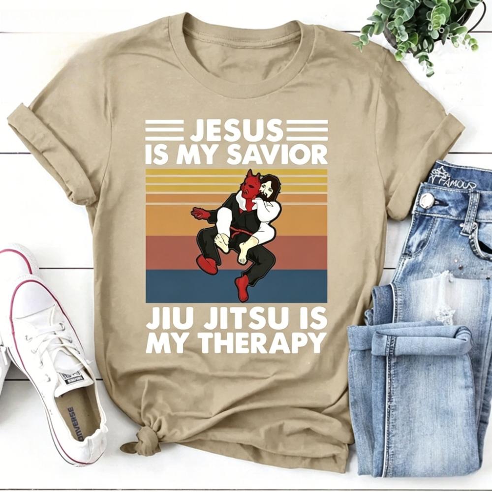 Jesus Is My Savior Jiu Jitsu Is My Therapy Funny Christian Gift Bjj Shirt Funny Jesus and Satan TShirt Vintage T-Shirt