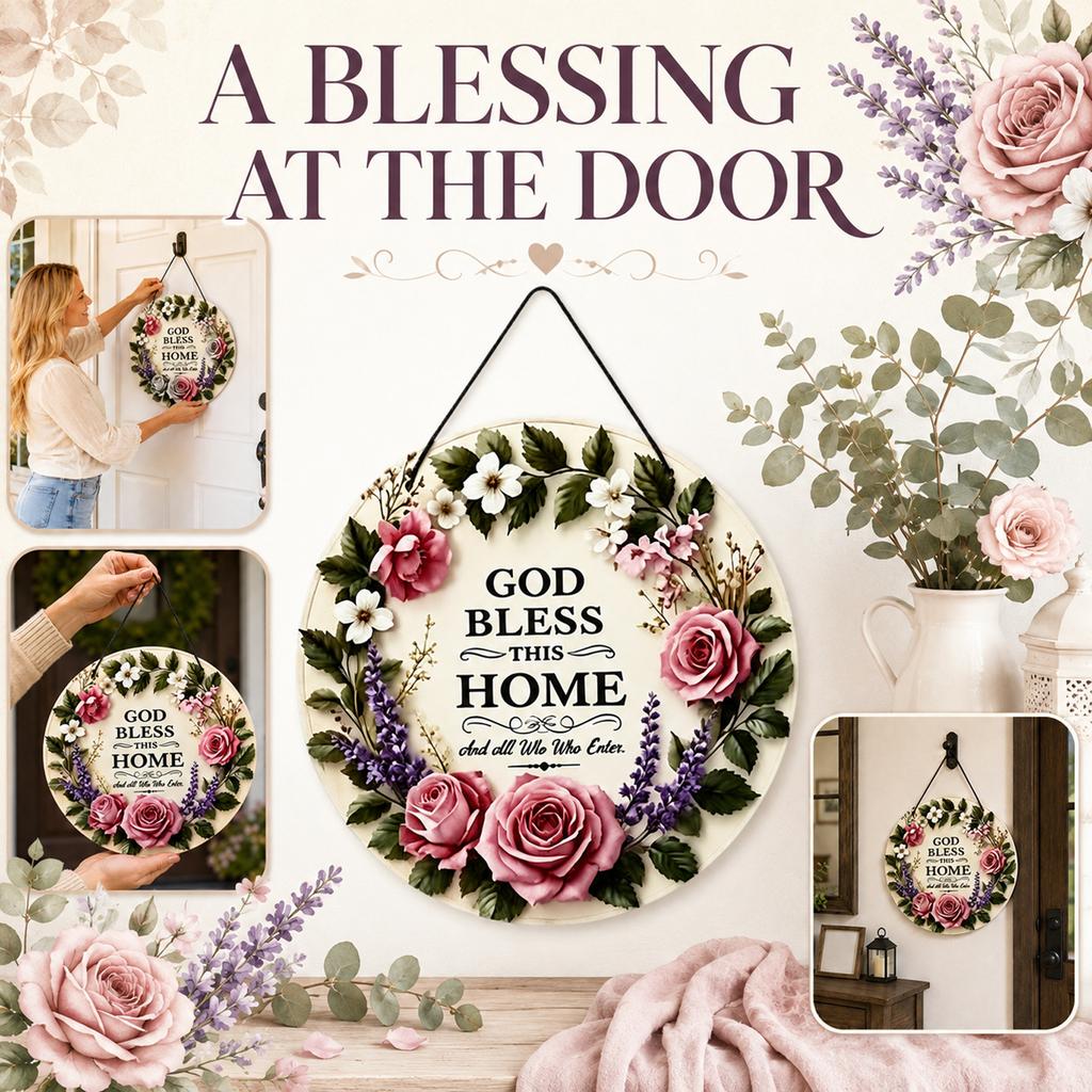 Round Floral Door Sign with Blessing Text Farmhouse Style Hanging Plaque for Home Entryway Porch Indoor Outdoor Decor