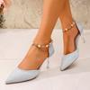 Temperament Hollow Single Shoes Women Spring and Summer New Pointed Toe Shallow Mouth Pearl Metal Chain One-buckle High Heels