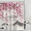 Cherry Blossom Shower Curtain Japanese Pink and Chinese Mountain Anime Bathroom Decor, Waterproof Cloth Fabric with Hooks