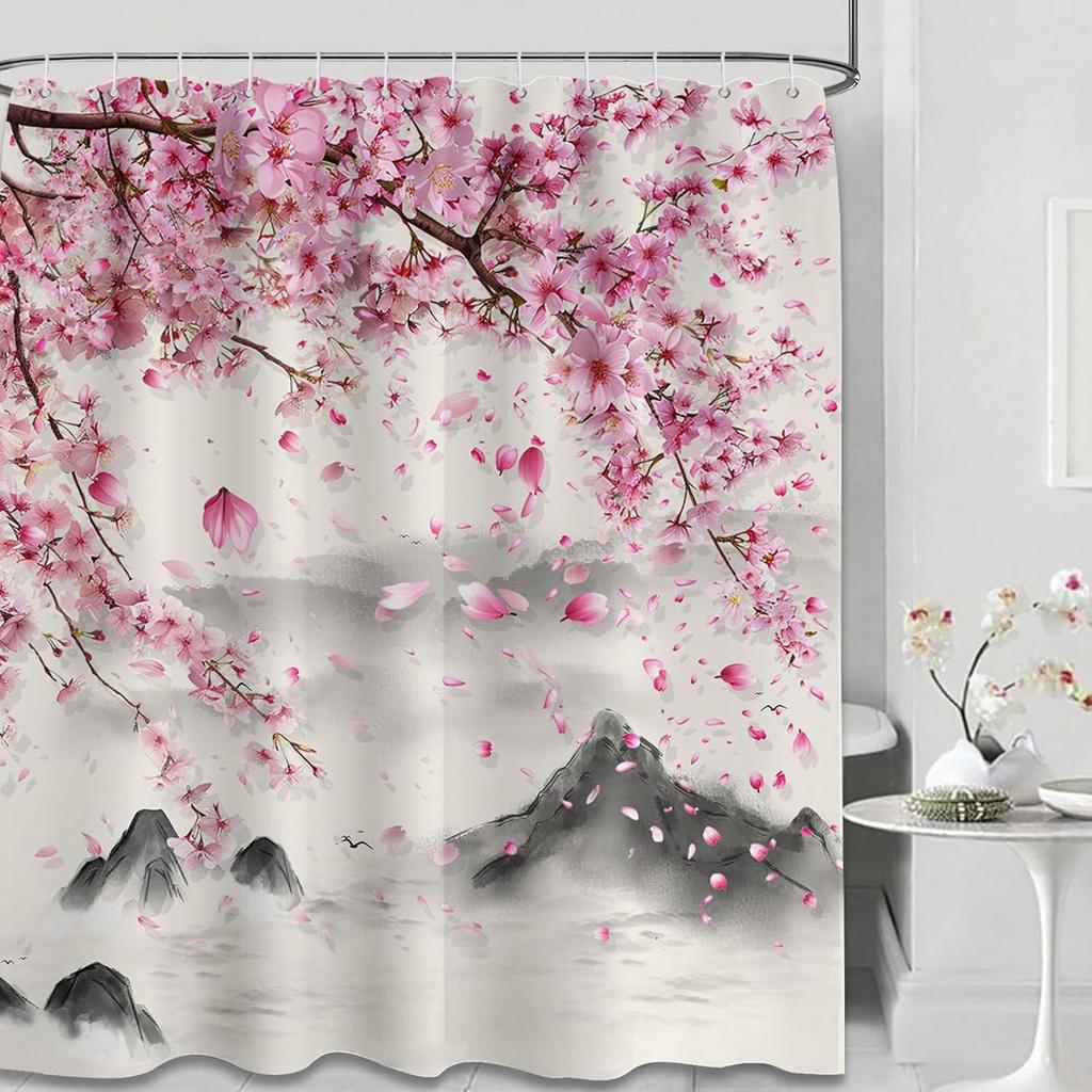 Cherry Blossom Shower Curtain Japanese Pink and Chinese Mountain Anime Bathroom Decor, Waterproof Cloth Fabric with Hooks