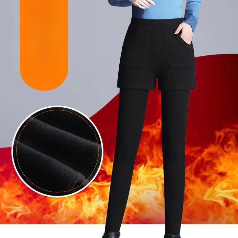 Damen Herbst Winter Fleecegefütterte Verdickte Warme Hose Fake Zweiteilige Basisschicht Lange Hose mit Taschen Bootshose Übergröße Slim Fit