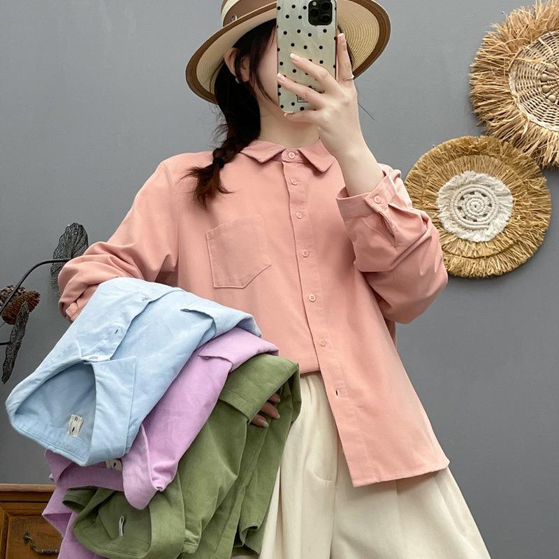 Spring 2026 Women's Corduroy Lapel Cardigan Blouse, Solid Color, Long Sleeve