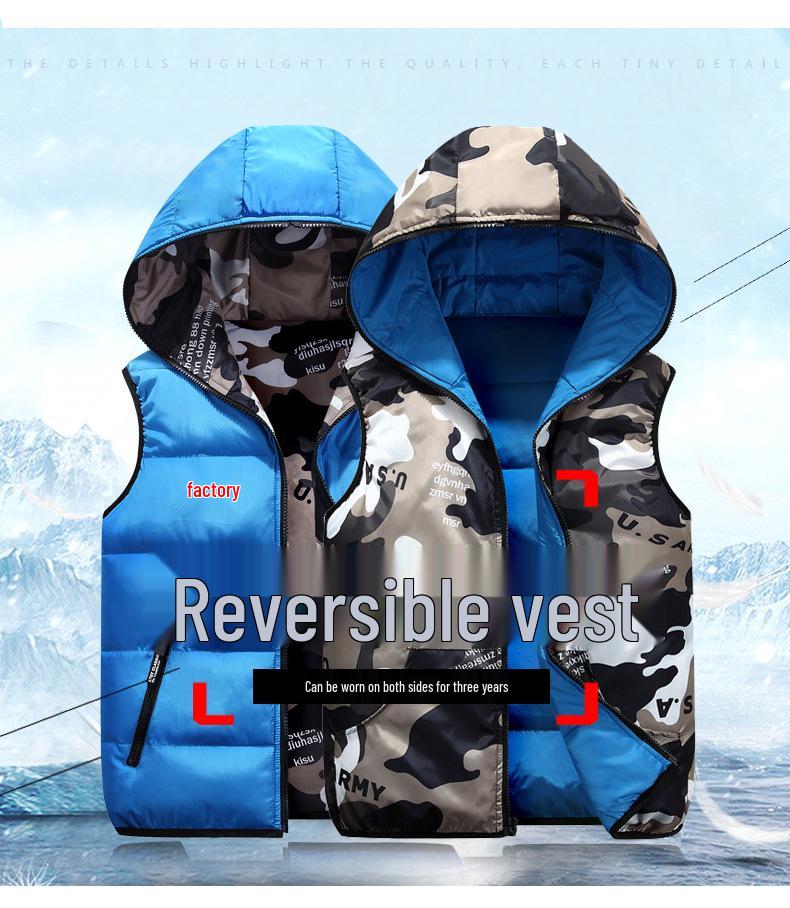 2024 New Girls' Reversible Camouflage Hooded Vest: School Uniform for Middle & Big Kids, Autumn/Winter Cotton