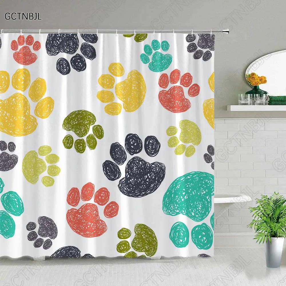Cartoon Animal Plant Shower Curtains Flower Dog Paw Print Christmas Kid Home Decor Fabric Bath Curtains Bathroom Accessories Set