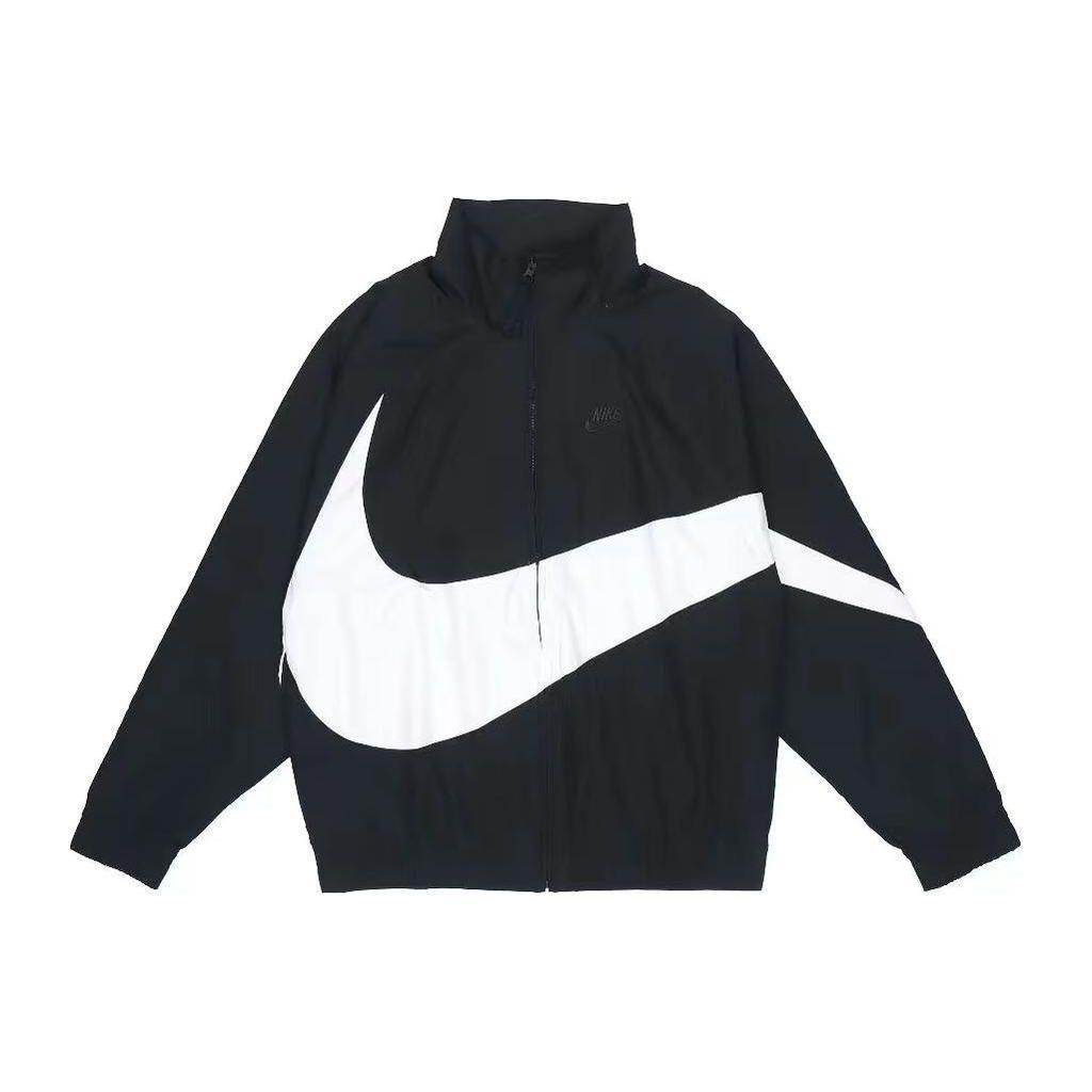 Nike Big Swoosh Woven Windbreaker Full-Zip Stand Collar Casual Sports Jacket Men Black White DV1363-010