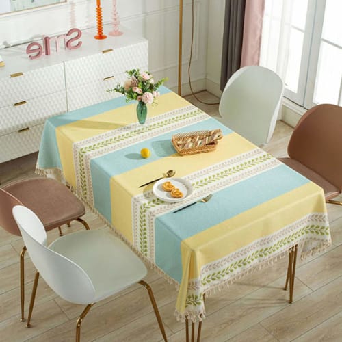 Water-Repellent Rectangular Tablecloth with Nordic and Pastoral Stitching and Tassels, Stylish Table Cover for Dinner and Picnics, Washable, Home Deco