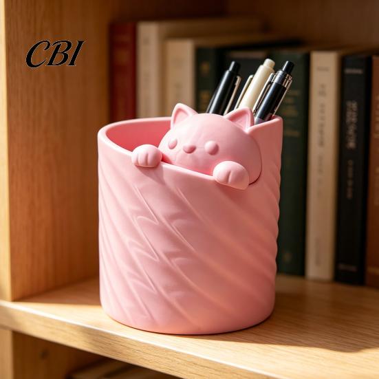 Pen Container 3D Printed Holder, Cat Shape Large Capacity Hollow Barrel Desk Organizer for Gel Pens Pencils Makeup Brushes, Cute Girlish Decor
